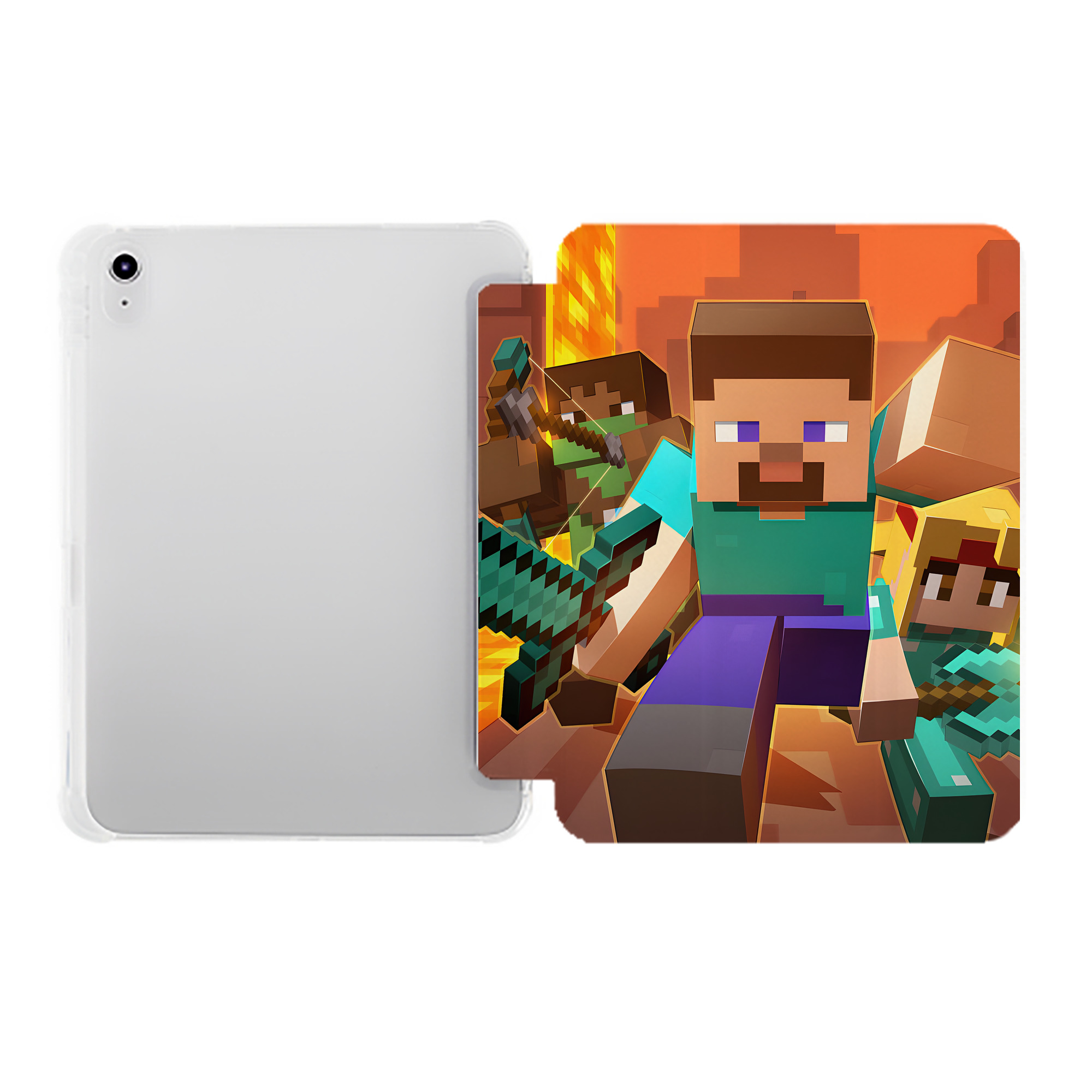 （画像用） マインクラフト ブロックの世界 Minecraft MC Block world IPad ケース ペン収納付き 三つ折りスタンド PUレザー×シリコン 対応機種9.5/10.5/10.9インチ